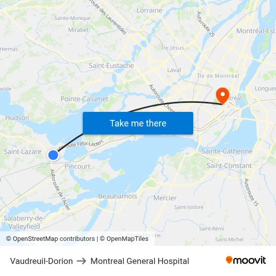 Vaudreuil-Dorion to Montreal General Hospital map