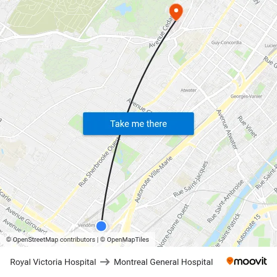 Royal Victoria Hospital to Montreal General Hospital map
