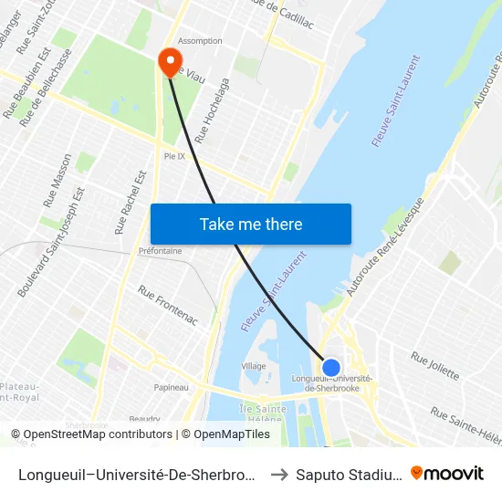 Longueuil–Université-De-Sherbrooke to Saputo Stadium map