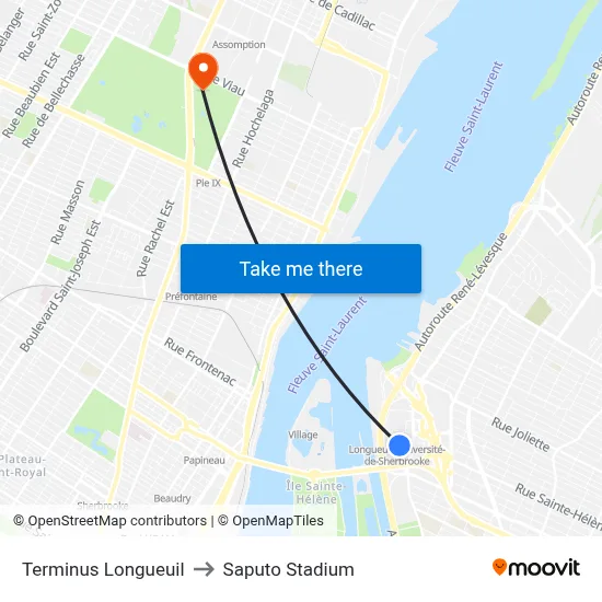 Terminus Longueuil to Saputo Stadium map