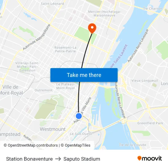 Station Bonaventure to Saputo Stadium map