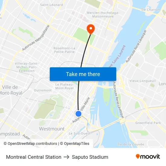 Montreal Central Station to Saputo Stadium map