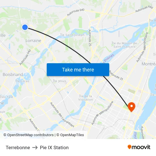 Terrebonne to Pie IX Station map