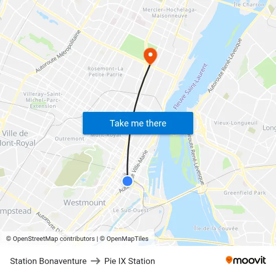 Station Bonaventure to Pie IX Station map