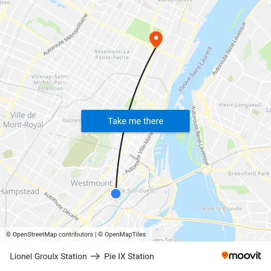 Lionel Groulx Station to Pie IX Station map