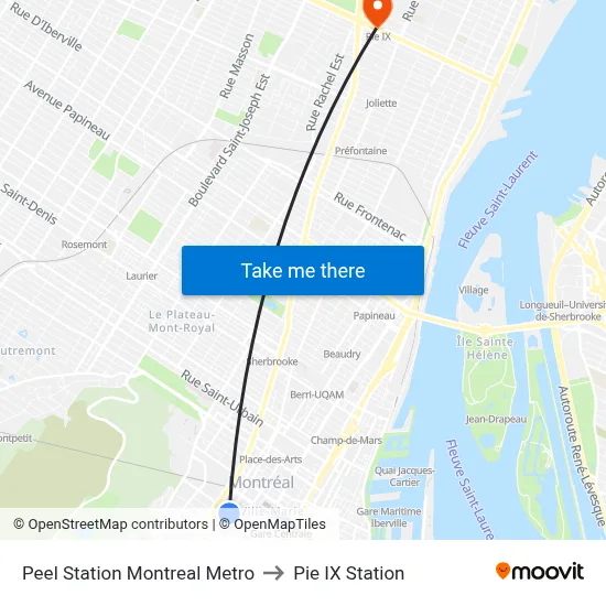 Peel Station Montreal Metro to Pie IX Station map