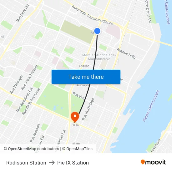 Radisson Station to Pie IX Station map