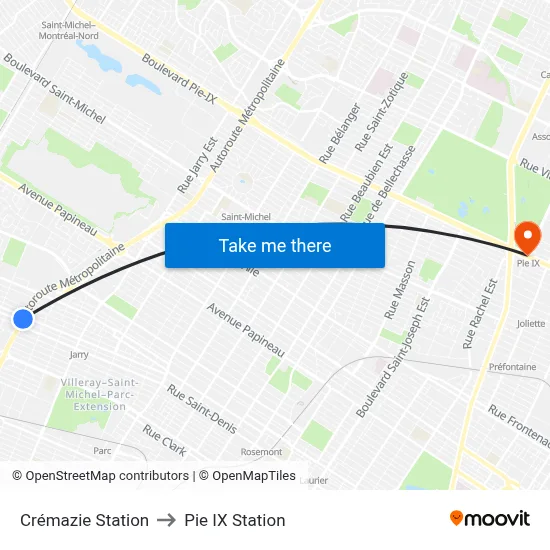 Crémazie Station to Pie IX Station map