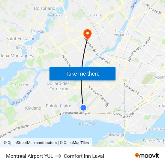 Montreal Airport YUL to Comfort Inn Laval map