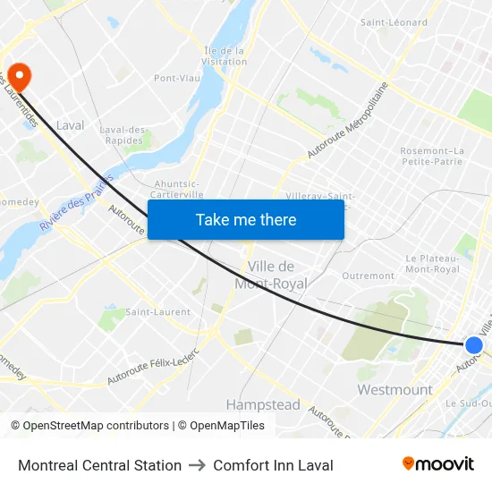 Montreal Central Station to Comfort Inn Laval map