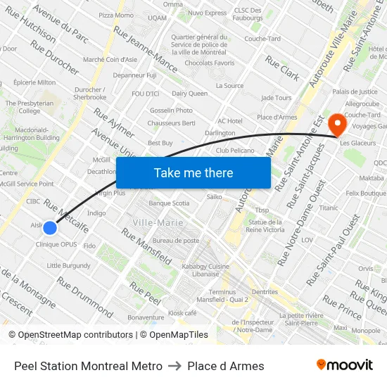 Peel Station Montreal Metro to Place d Armes map
