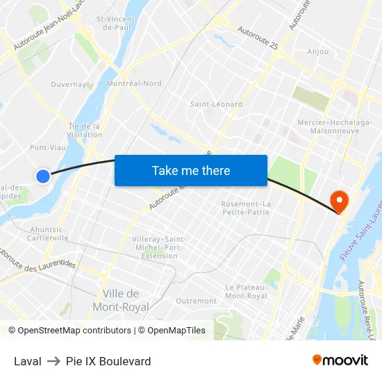 Laval to Pie IX Boulevard map