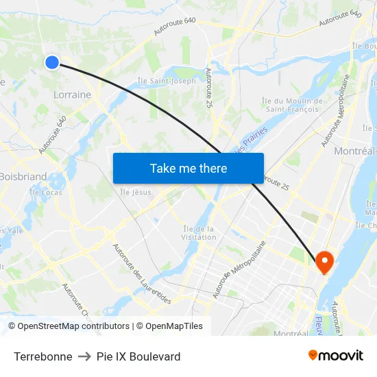 Terrebonne to Pie IX Boulevard map