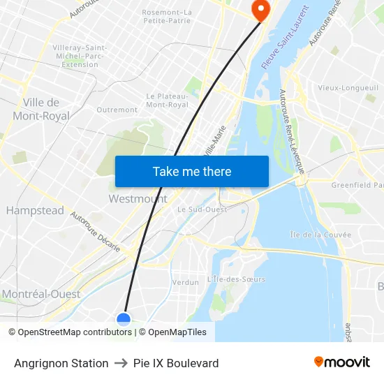 Angrignon Station to Pie IX Boulevard map
