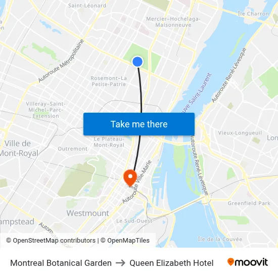 Montreal Botanical Garden to Queen Elizabeth Hotel map