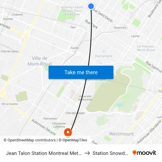 Jean Talon Station Montreal Metro to Station Snowdon map