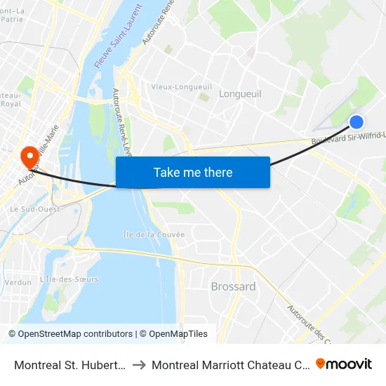 Montreal St. Hubert Airport (YHU) to Montreal Marriott Chateau Champlain Montréal map