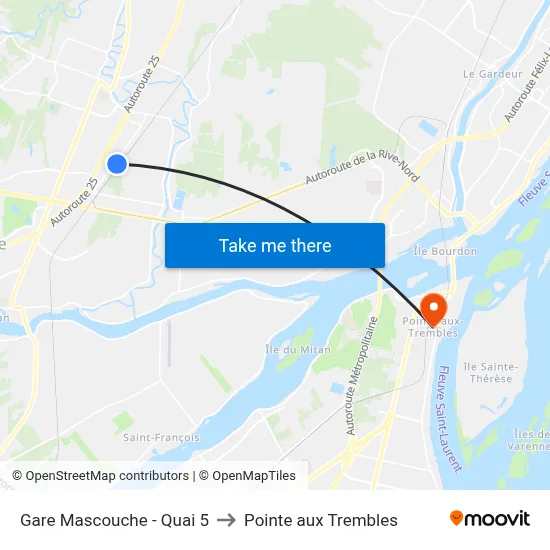 Gare Mascouche - Quai 5 to Pointe aux Trembles map