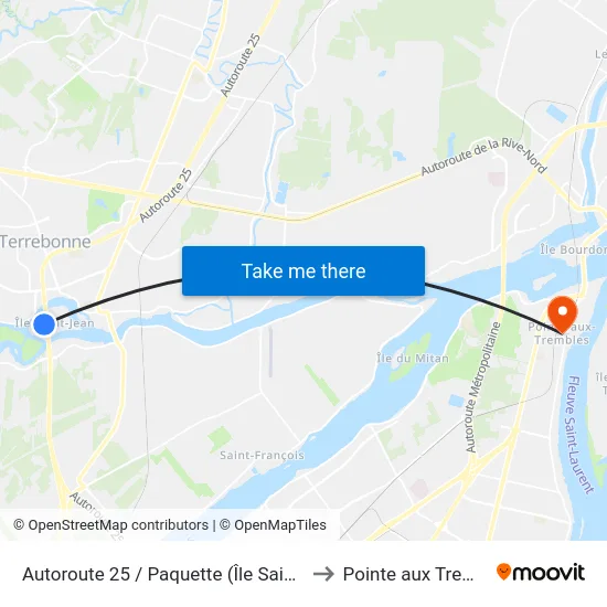 Autoroute 25 / Paquette (Île Saint-Jean) to Pointe aux Trembles map