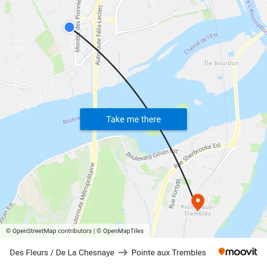 Des Fleurs / De La Chesnaye to Pointe aux Trembles map