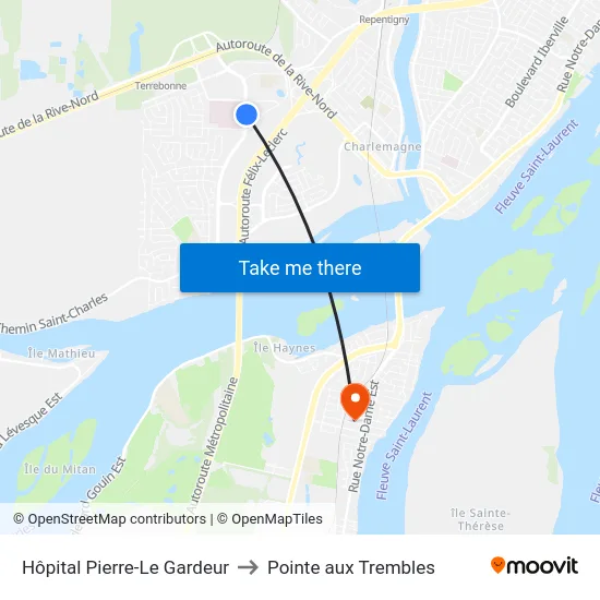 Hôpital Pierre-Le Gardeur to Pointe aux Trembles map