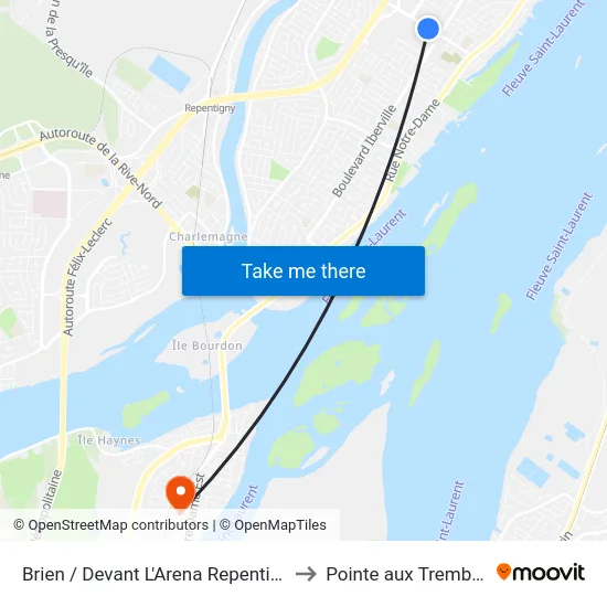 Brien / Devant L'Arena Repentigny to Pointe aux Trembles map