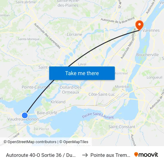 Autoroute 40-O Sortie 36 / Dumberry to Pointe aux Trembles map