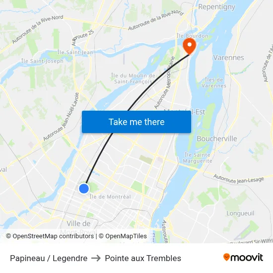 Papineau / Legendre to Pointe aux Trembles map