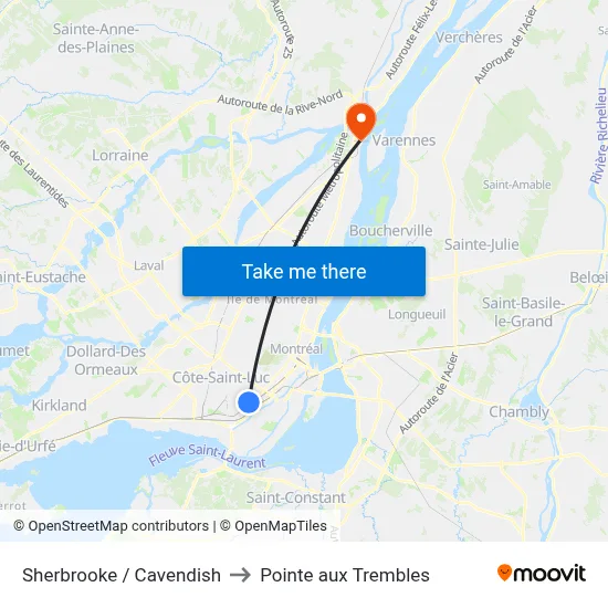 Sherbrooke / Cavendish to Pointe aux Trembles map