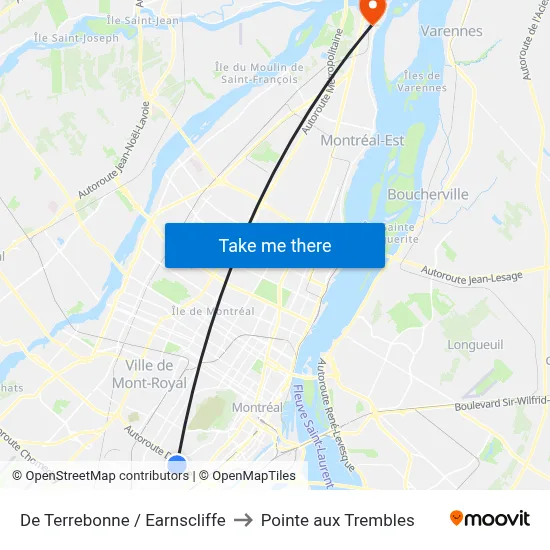 De Terrebonne / Earnscliffe to Pointe aux Trembles map