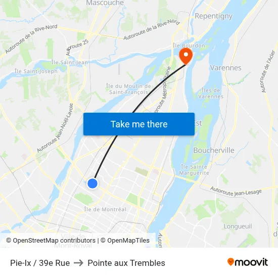 Pie-Ix / 39e Rue to Pointe aux Trembles map