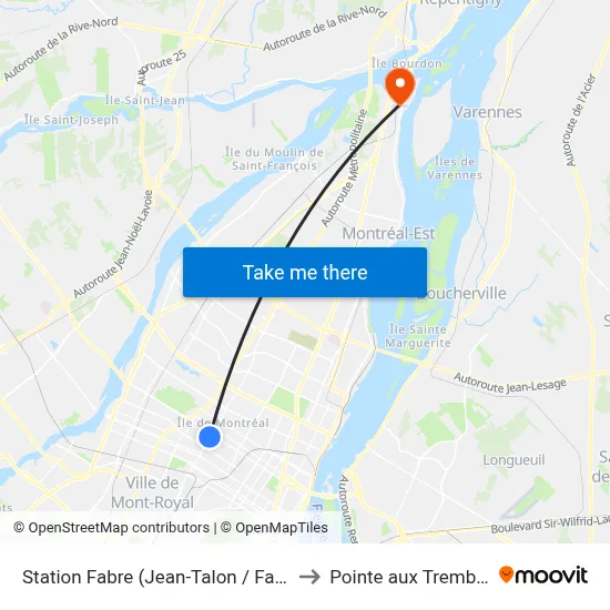 Station Fabre (Jean-Talon / Fabre) to Pointe aux Trembles map