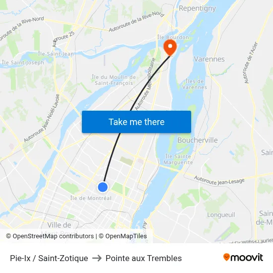 Pie-Ix / Saint-Zotique to Pointe aux Trembles map