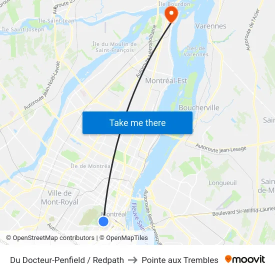 Du Docteur-Penfield / Redpath to Pointe aux Trembles map