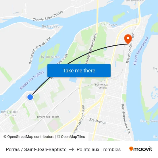 Perras / Saint-Jean-Baptiste to Pointe aux Trembles map
