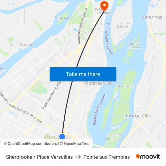 Sherbrooke / Place Versailles to Pointe aux Trembles map
