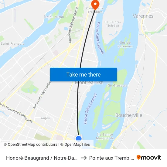 Honoré-Beaugrand / Notre-Dame to Pointe aux Trembles map