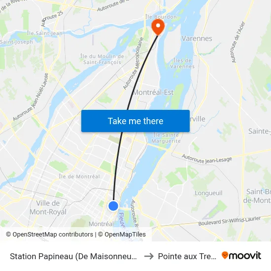 Station Papineau (De Maisonneuve / Cartier) to Pointe aux Trembles map