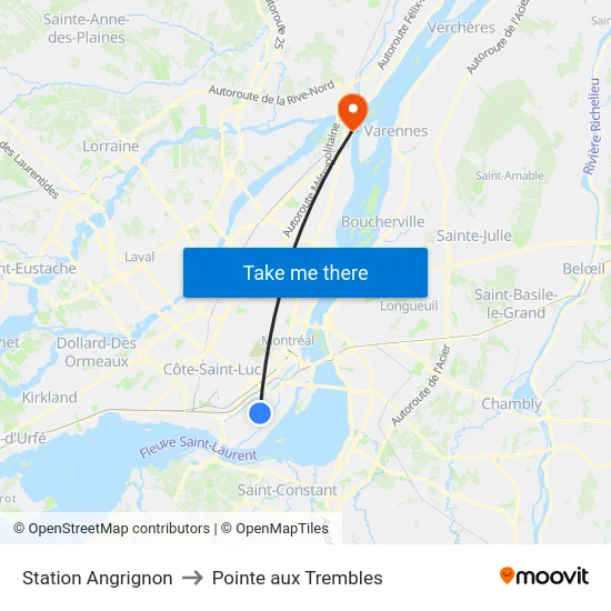 Station Angrignon to Pointe aux Trembles map