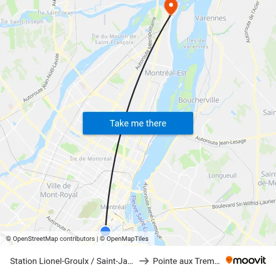 Station Lionel-Groulx / Saint-Jacques to Pointe aux Trembles map