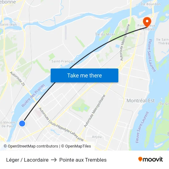 Léger / Lacordaire to Pointe aux Trembles map