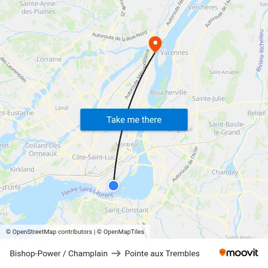 Bishop-Power / Champlain to Pointe aux Trembles map