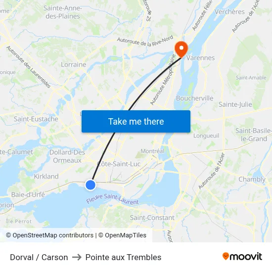 Dorval / Carson to Pointe aux Trembles map