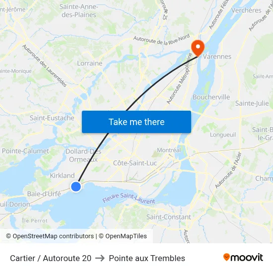 Cartier / Autoroute 20 to Pointe aux Trembles map