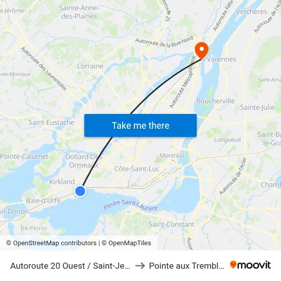 Autoroute 20 Ouest / Saint-Jean to Pointe aux Trembles map
