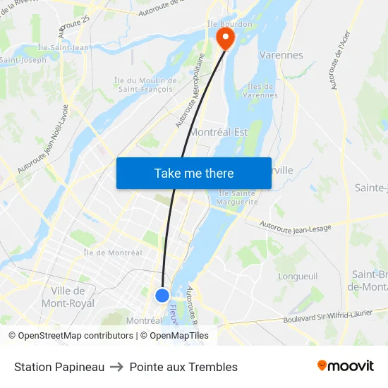 Station Papineau to Pointe aux Trembles map