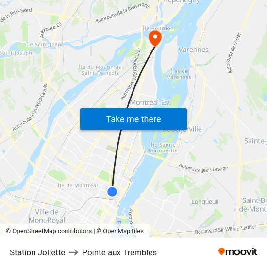 Station Joliette to Pointe aux Trembles map
