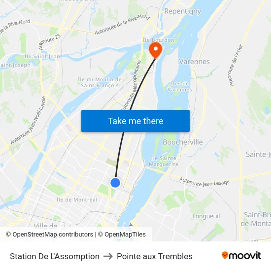 Station De L'Assomption to Pointe aux Trembles map