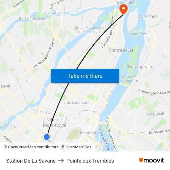 Station De La Savane to Pointe aux Trembles map