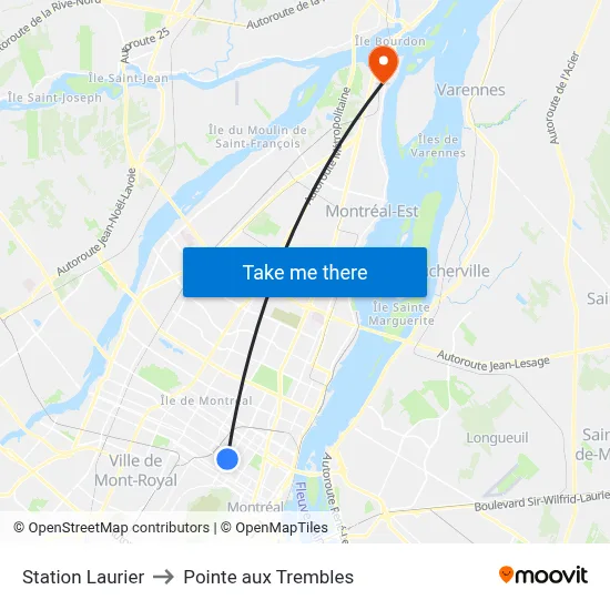 Station Laurier to Pointe aux Trembles map